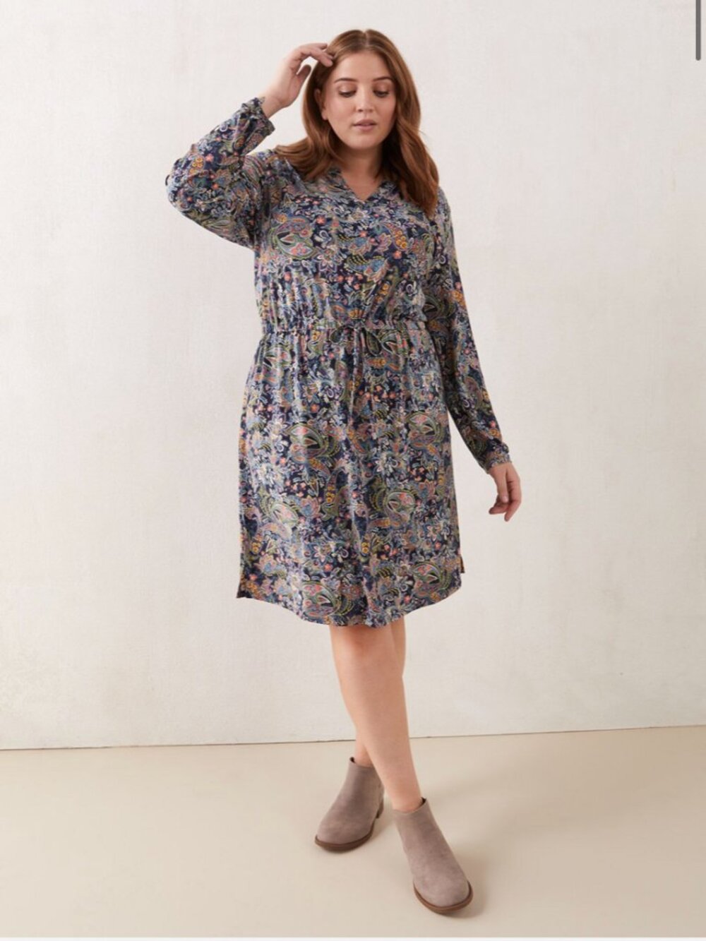 Floral Paisley Drawstring Waist Shirt Dress - Navy & Multicolor